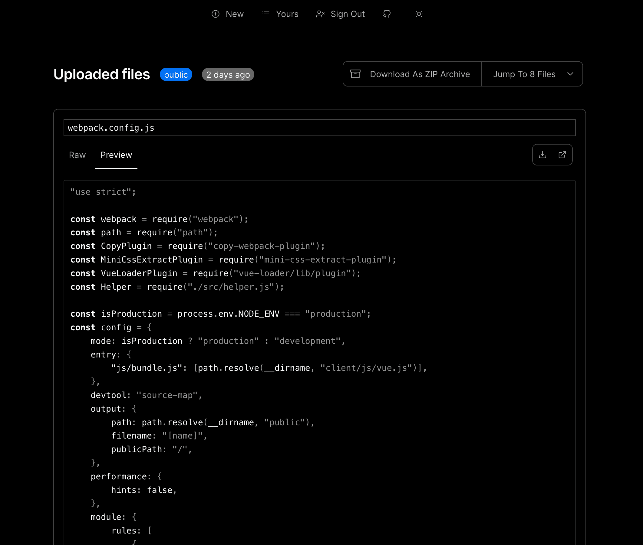 A page showing a post title, the ability to download all files a ZIP archive, a dropdown to jump to specific files, and a file titled 'webpack.config.js' with javascript highlighted code.